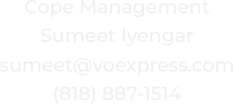 White text on a white background reads: "Cope Management Sumeet Iyengar voiceover sumeet@voexpress.com (818) 887-1514".